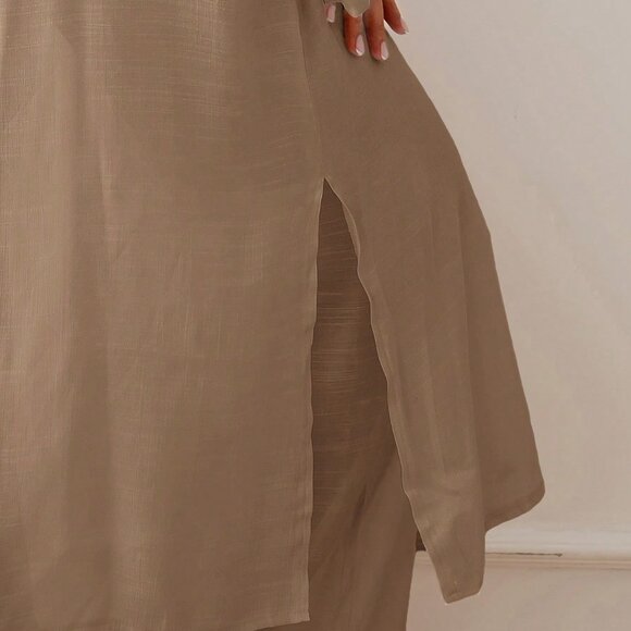 Brown Preppy Women's Long Sleeve Long Loose Kimono Style Cover Up - Picture 6 of 6